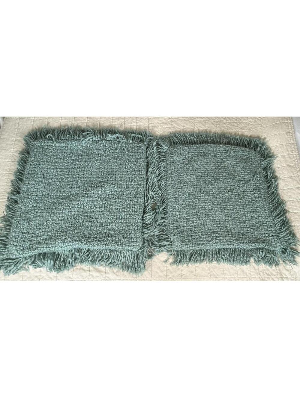 Pottery Barn Teal Blue Woven Textured Pillow Covers Set Of 2 24”x24” Fringe Edge